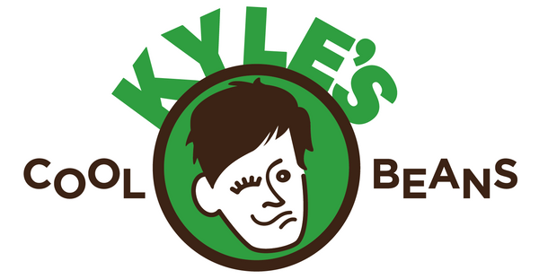 Kyle’s Cool Beans logo, featuring a picture drawn of Kyle’s face, the colors on the logo are brown and green 